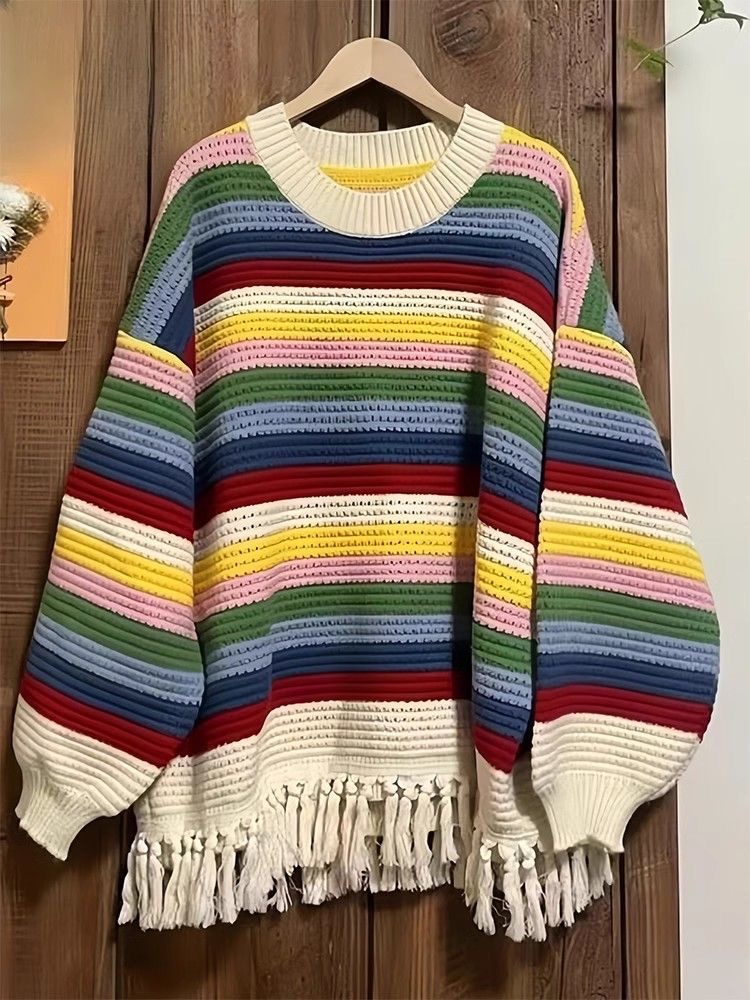 2024 Rainbow Stripe Long Sleeve Knitted Sweater