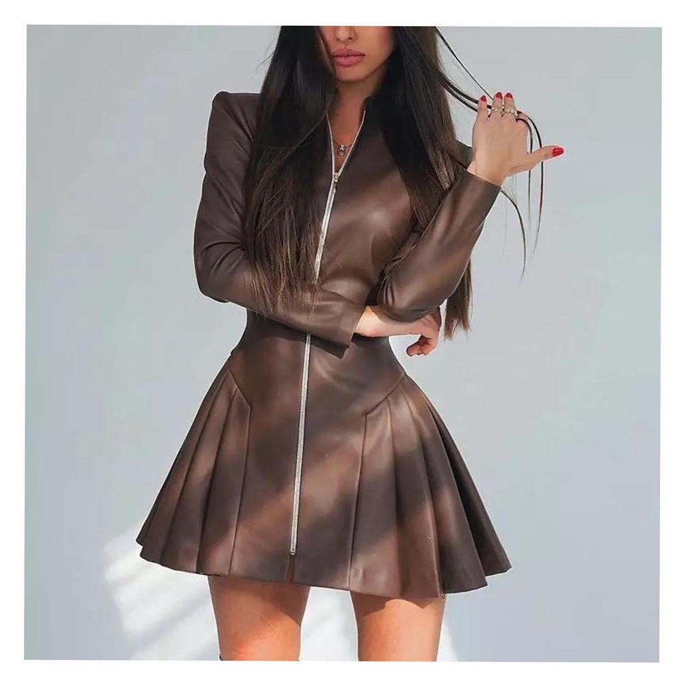 OM-Fashionable Slim-Fit Long-Sleeved Pleated Skirt PU Leather Zipper Dress